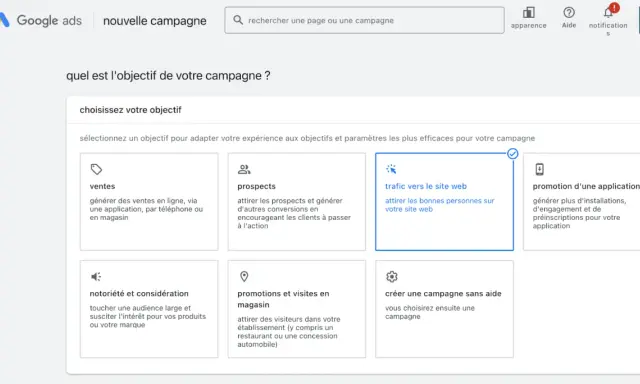 Interface Google Ads pour choisir l'objectif d'une campagne : "Trafic vers le site web" est sélectionné.