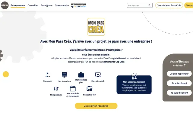 Page d'accueil Mon Pass Créa pour la création d'entreprise. Aide à la reprise d'entreprise et à la création.