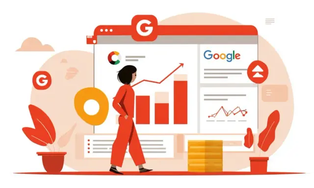 Une personne analyse les données d'une campagne search Google Ads, avec des graphiques montrant une croissance.
