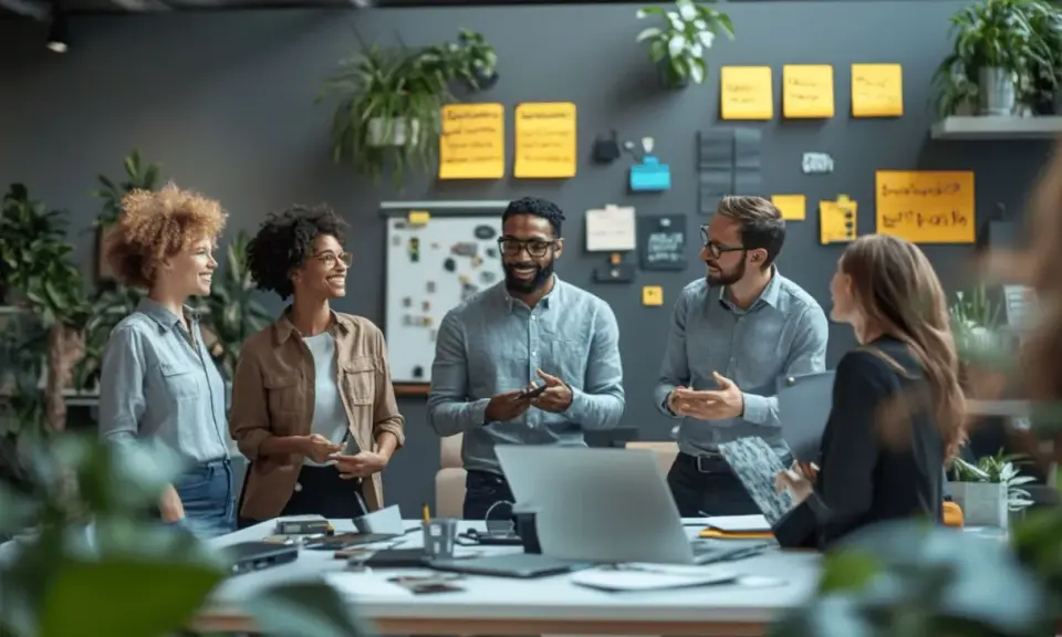 Cinq collègues discutent dans un bureau moderne, illustrant une **société** dynamique et collaborative.
