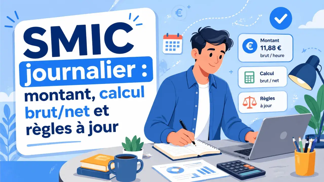 Un homme calcule le montant brut/net du SMIC journalier, avec des icônes pour le calcul et les règles à jour.