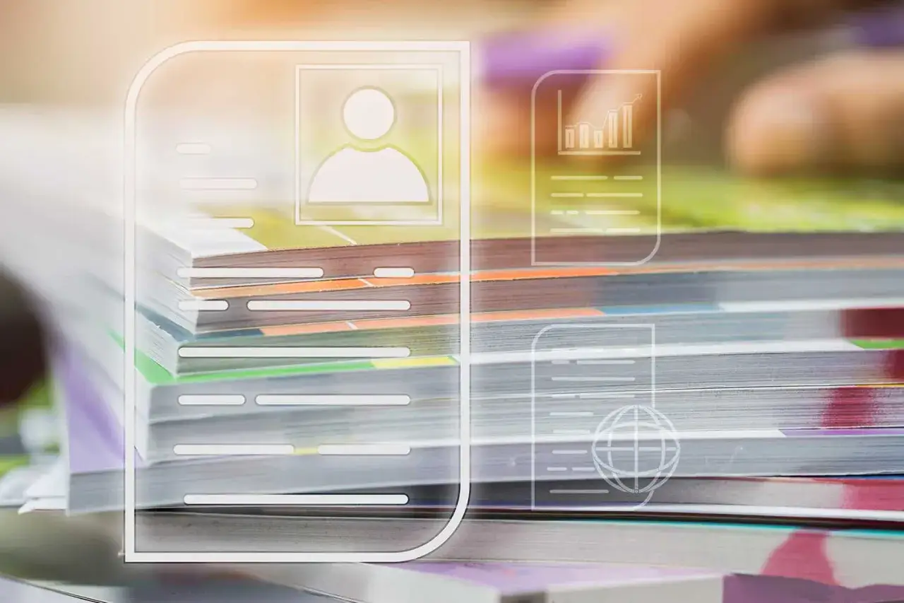 Pile de documents avec ic&ocirc;nes de profil, graphique et globe. Pr&ecirc;t &agrave; dispenser rapport de gestion.