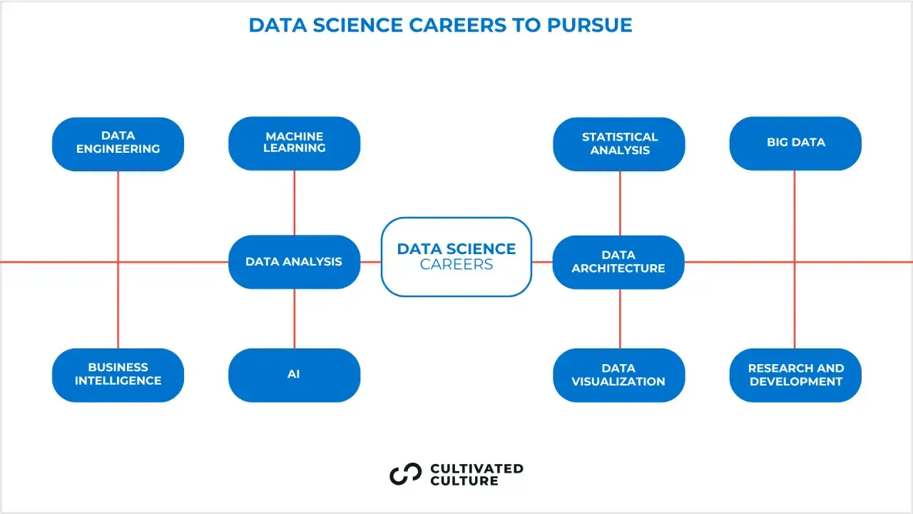 Schéma des carrières en data science : ingénierie, analyse, IA, machine learning, visualisation, etc. Une excellente formation en data science ouvre ces portes.