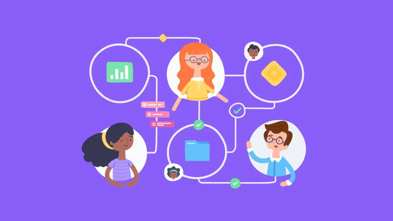 Des personnages connectent des icônes représentant des tâches, des graphiques et des dossiers. Un outil de projet visuel pour la collaboration.