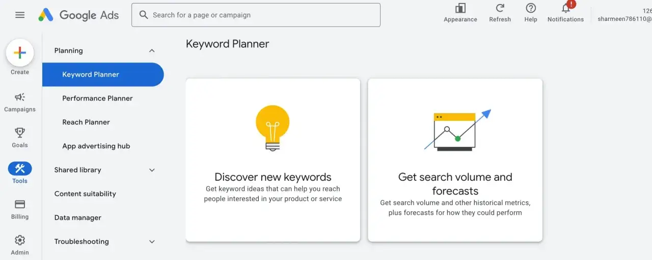 Interface Google Ads, section