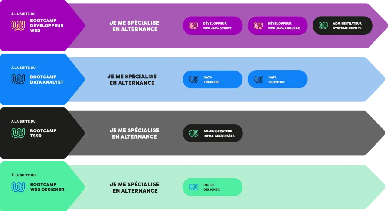 Parcours de formation : apr&egrave;s un bootcamp Data Analyst, sp&eacute;cialisation en alternance Data Scientist.