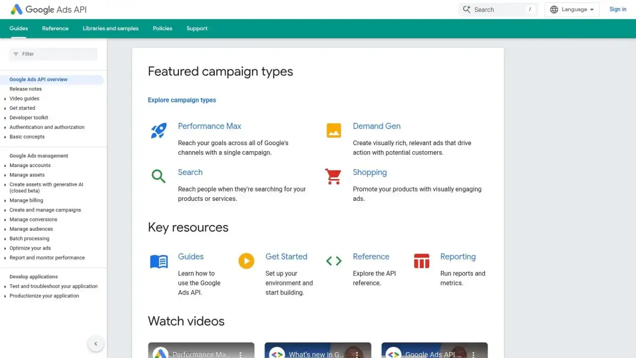 Page d'accueil de l'API Google Ads, pr&eacute;sentant les types de campagnes comme Performance Max, Search, Demand Gen et Shopping, pour une campagne intelligente.