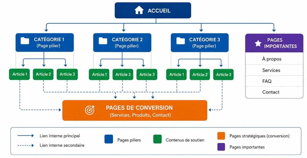 Sch&eacute;ma de site web pour le r&eacute;f&eacute;rencement SEO WordPress : accueil, cat&eacute;gories piliers, articles, pages de conversion et pages importantes.