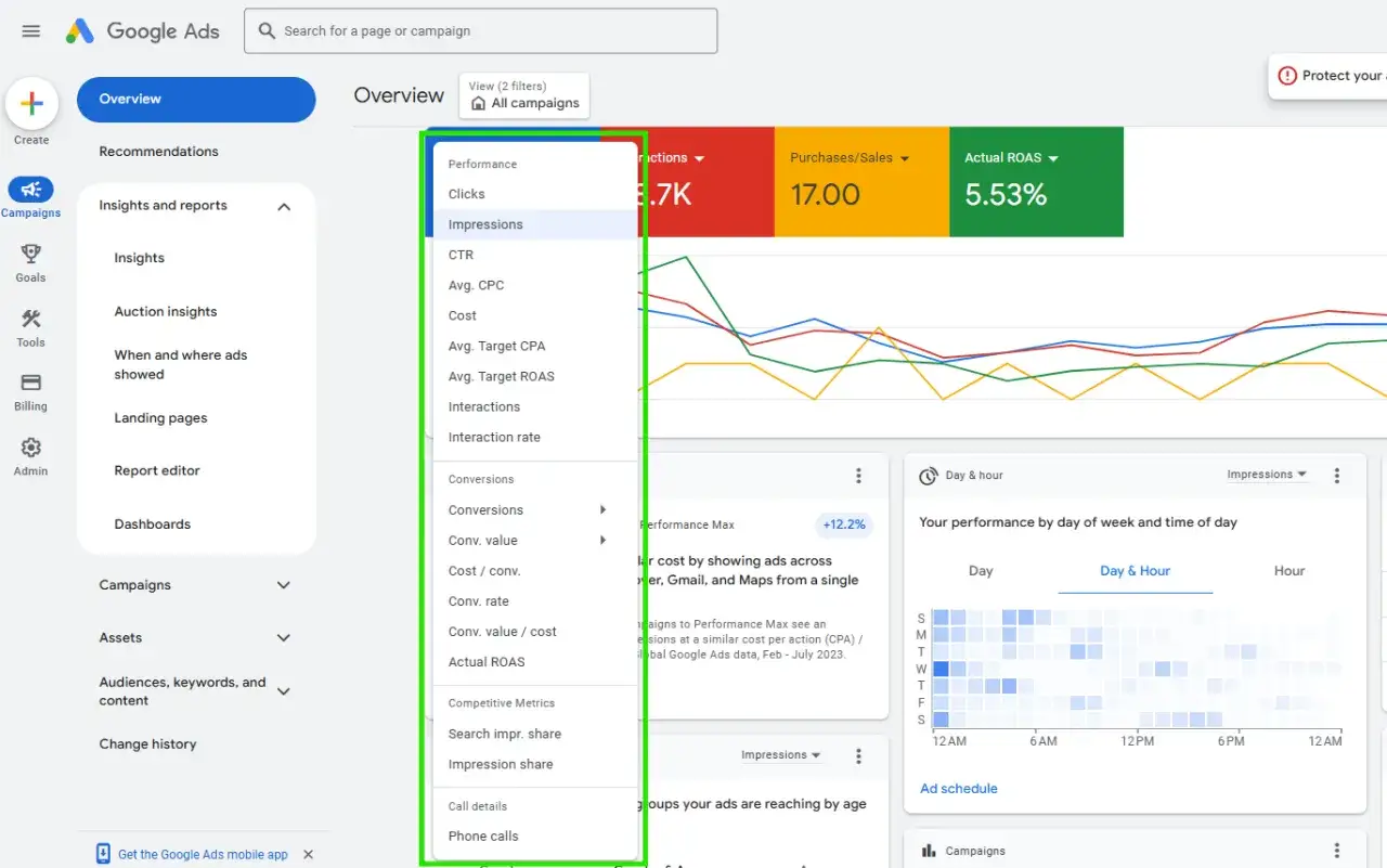 Vue des extensions d'annonces Google Ads, avec le menu