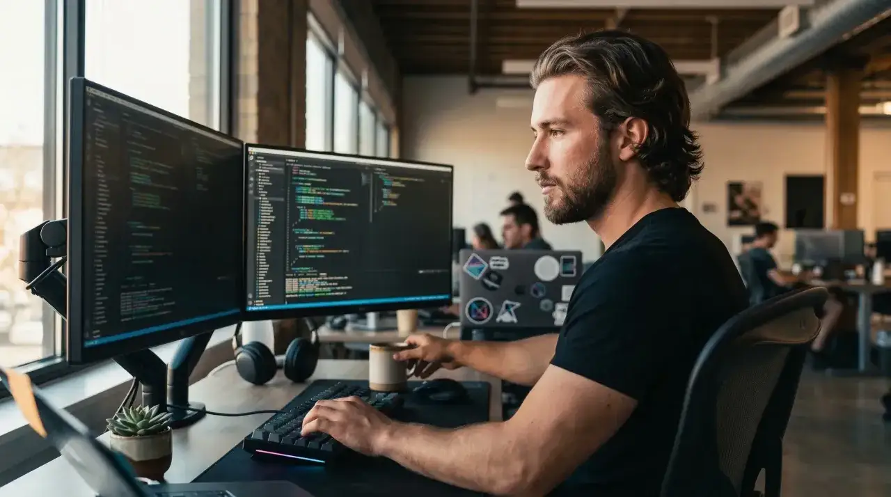 Un développeur back end concentré sur ses écrans, son salaire est à la hauteur de son expertise.