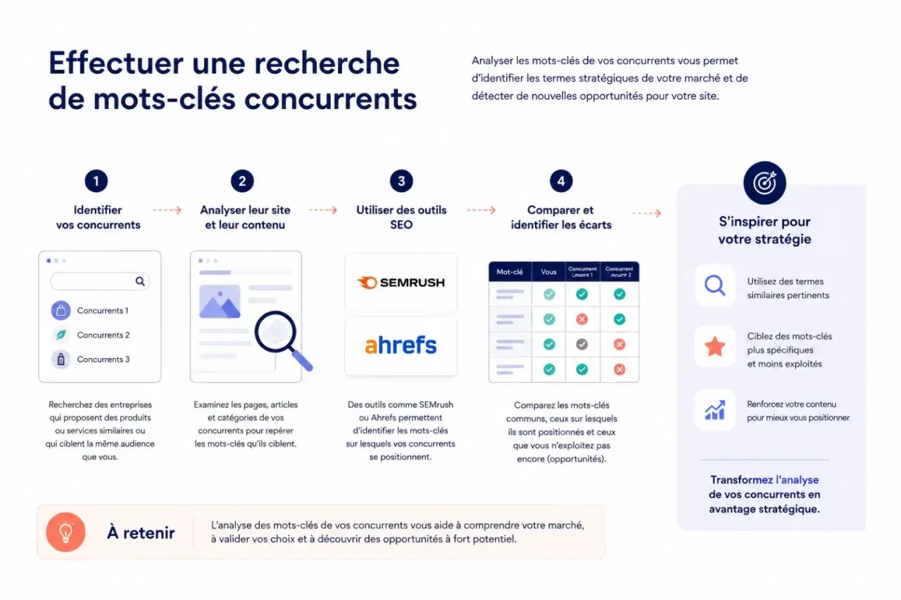 Infographie expliquant la recherche de mots-cl&eacute;s concurrents : identifier, analyser, utiliser des outils SEO, comparer et s'inspirer pour sa strat&eacute;gie.