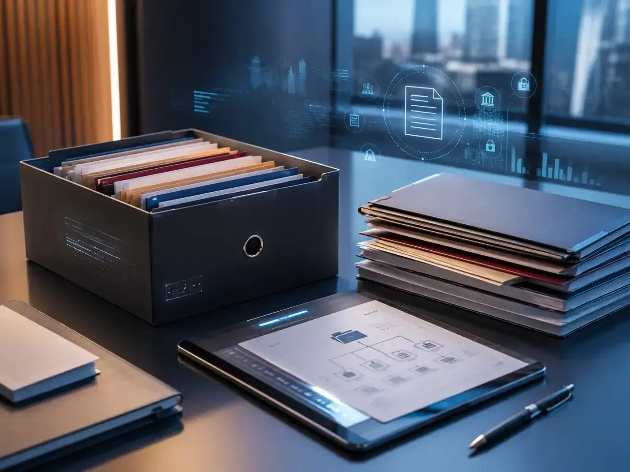 Bureau moderne avec dossiers, tablette affichant un organigramme, et stylo. Id&eacute;al pour pr&eacute;parer la vente de son entreprise.