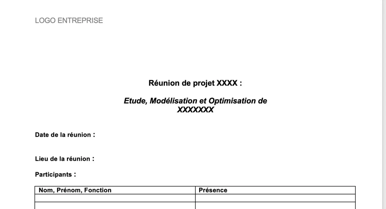 Compte rendu de r&eacute;union de projet. Titre : &Eacute;tude, Mod&eacute;lisation et Optimisation. Champs pour date, lieu, participants et pr&eacute;sence.