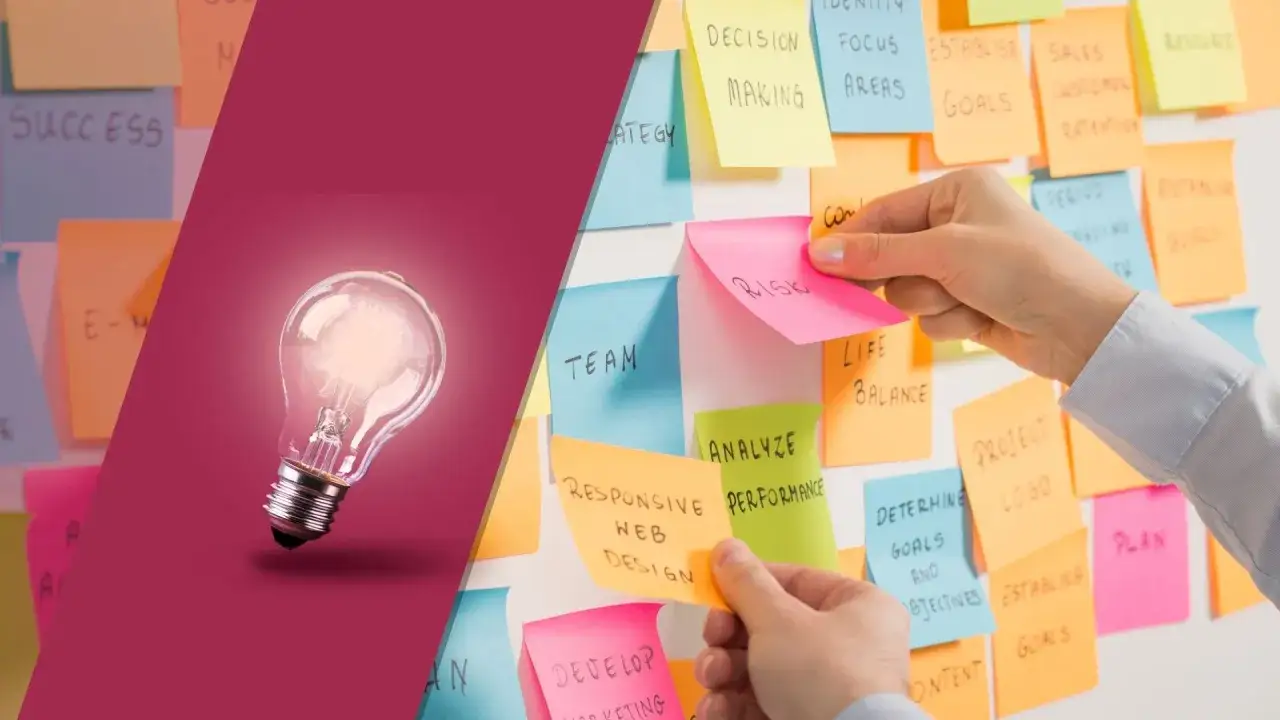 Idée lumineuse sur un mur de post-its illustrant les techniques d'animation de réunion participative.