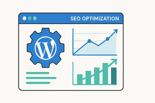 Icône WordPress et graphiques montrant l'optimisation SEO. Un outil pour booster votre visibilité en ligne.