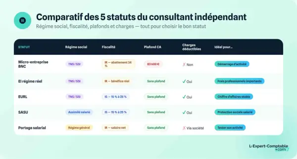 Tableau comparatif des statuts pour devenir consultant indépendant : micro-entreprise, régime réel, EURL, SASU, portage salarial. Aide au choix du statut.