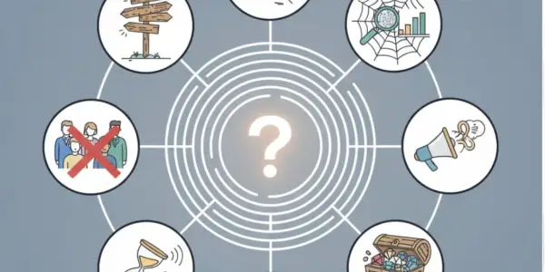 Schéma visuel représentant une analyse de la demande, avec des icônes : panneau directionnel, groupe de personnes barré, sablier, coffre au trésor, mégaphone, toile d'araignée avec loupe, et un point d'interrogation central.