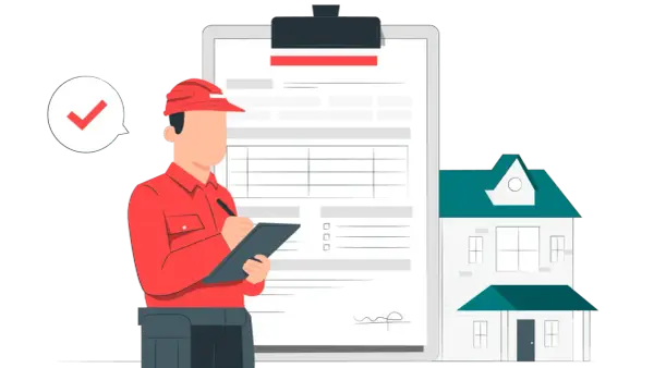 Un homme en uniforme rouge prépare les documents pour ouvrir une conciergerie. Une maison est à côté, symbolisant le service.