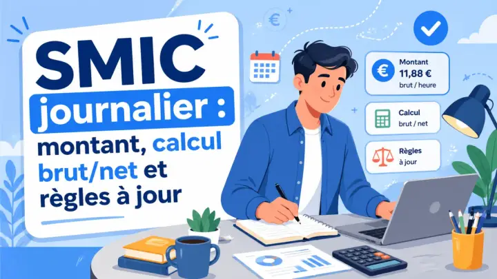 Un homme calcule le montant brut/net du SMIC journalier, avec des icônes pour le calcul et les règles à jour.