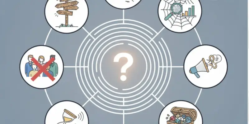 Schéma visuel représentant une analyse de la demande, avec des icônes : panneau directionnel, groupe de personnes barré, sablier, coffre au trésor, mégaphone, toile d'araignée avec loupe, et un point d'interrogation central.